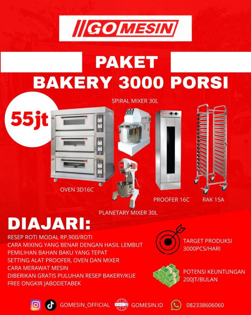 Paket mesin bakery Gomesin kapasitas produksi 3.000 roti per hari untuk Dapur MBG.