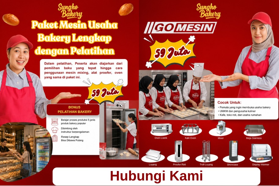Paket usaha mesin bakery Sungho Bakery dan Go Mesin harga 59 juta termasuk bonus pelatihan cara penggunaan mesin adonan dan oven roti