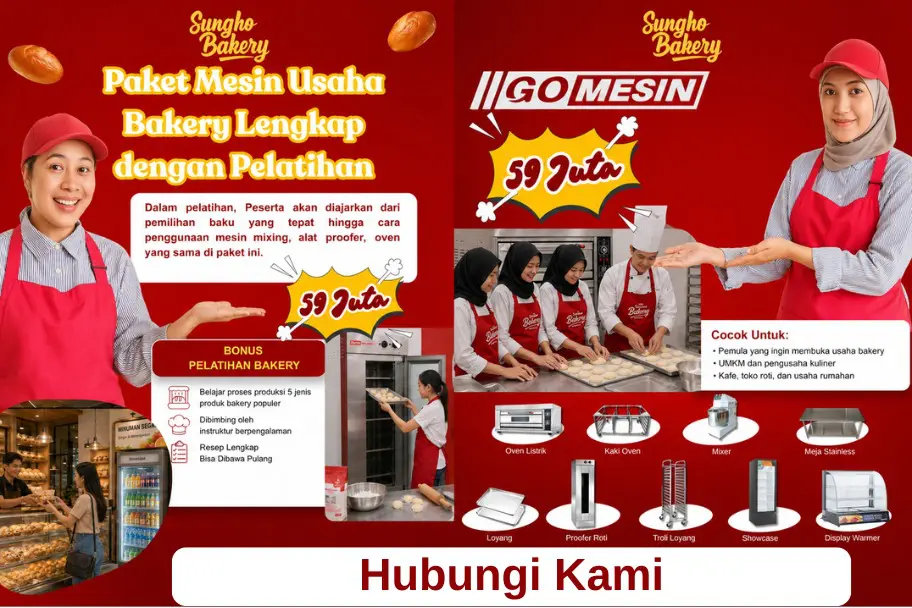 Paket usaha mesin bakery Sungho Bakery dan Go Mesin harga 59 juta termasuk bonus pelatihan cara penggunaan mesin adonan dan oven roti