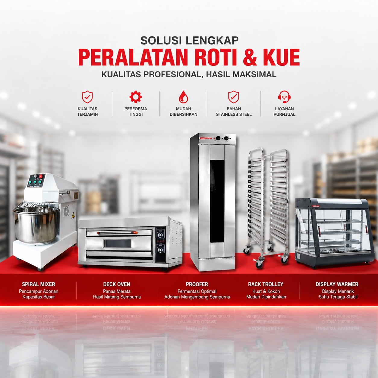 Peralatan bakery profesional lengkap terdiri dari spiral mixer, deck oven, proofer, rack trolley, dan display warmer untuk usaha roti, kue, bakery, dan cafe.
